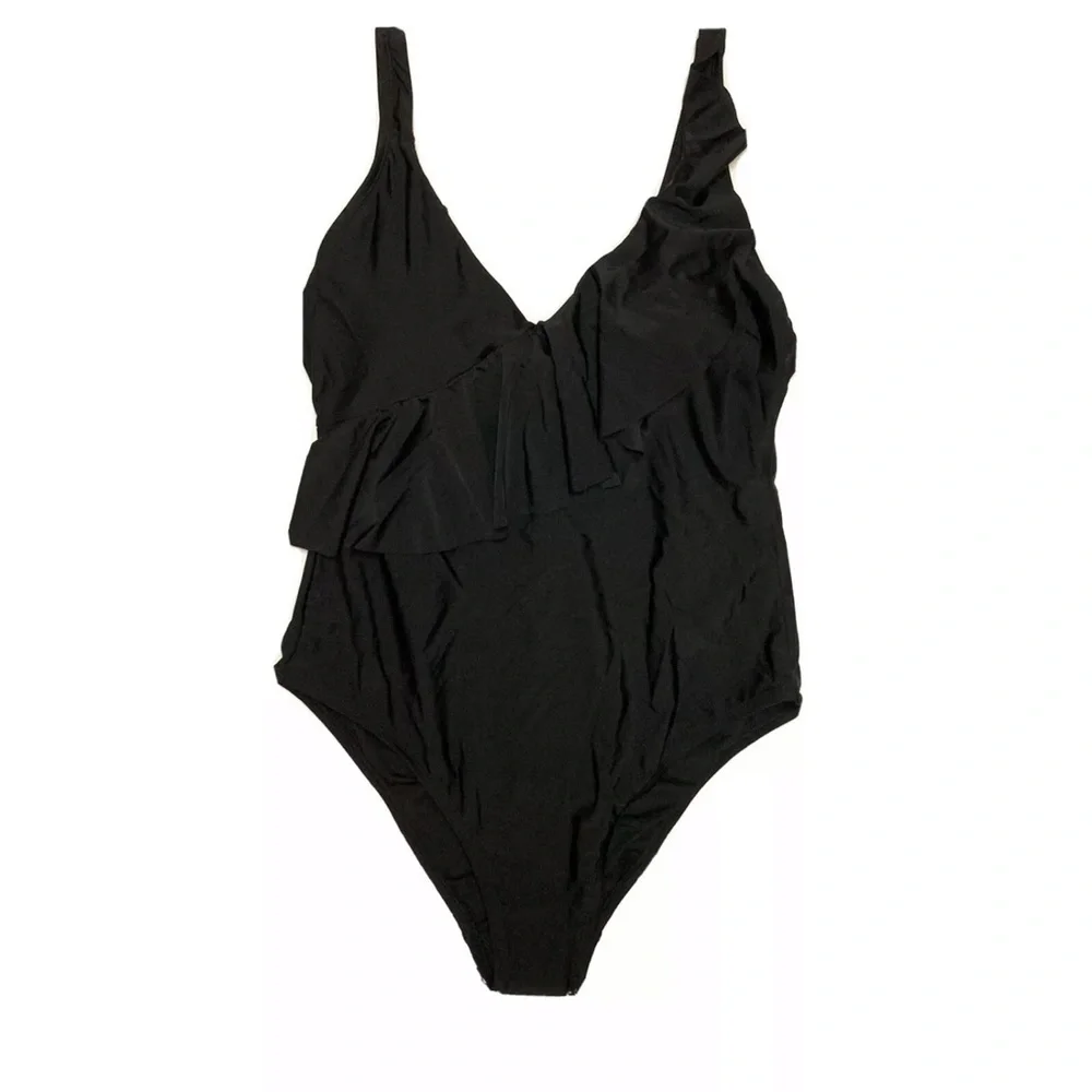 Kona Sol Asymmetrical Ruffle High‎ Coverage Women's One Piece Swimsuit Large
